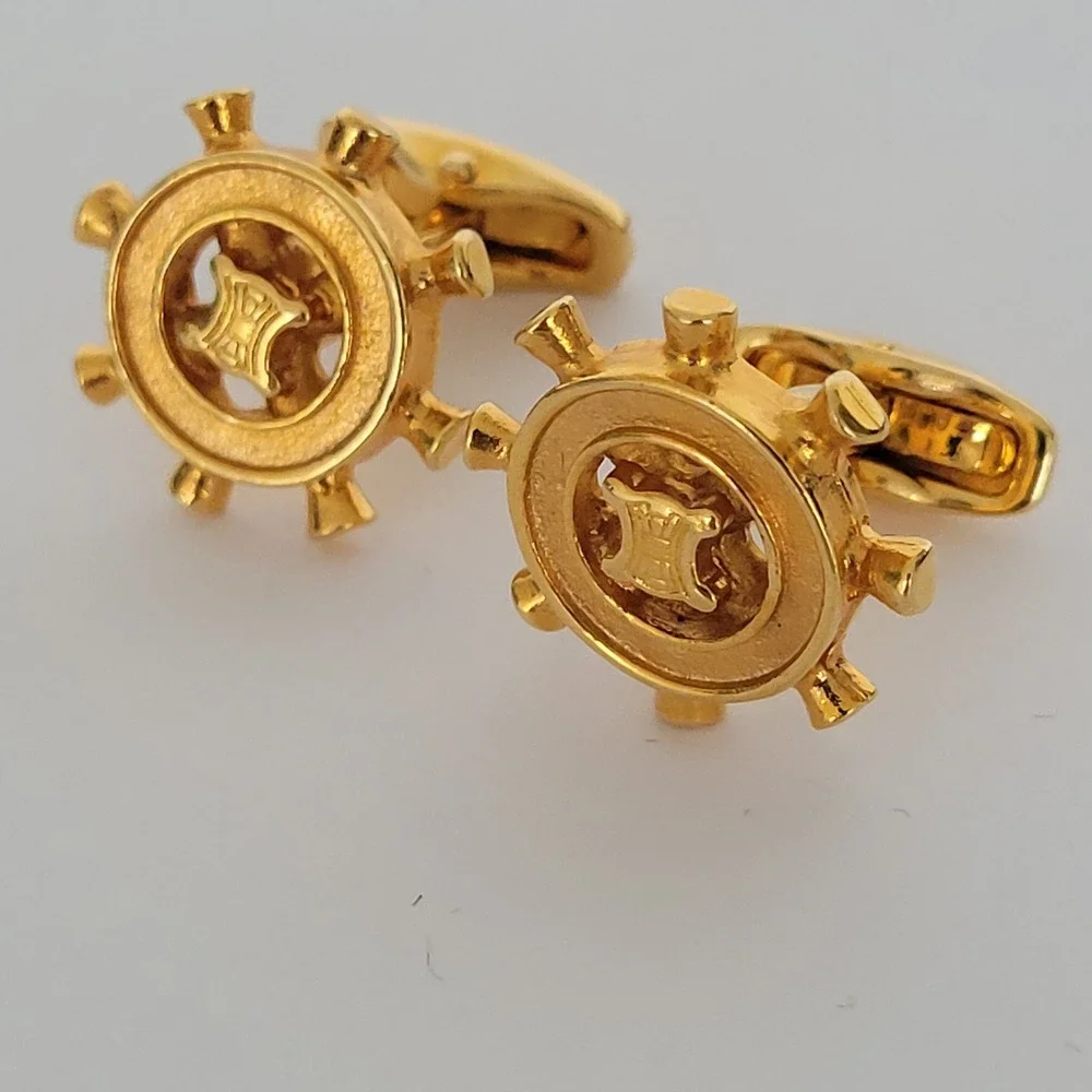 Celine Vintage Gold Tone Macadam Triomphe Ship Wheel Cufflinks Made in Italy